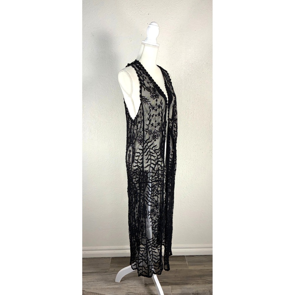 Vivid Importers of NY Black Sheer Embroidered Mesh Longline Duster Vest Pom Trim